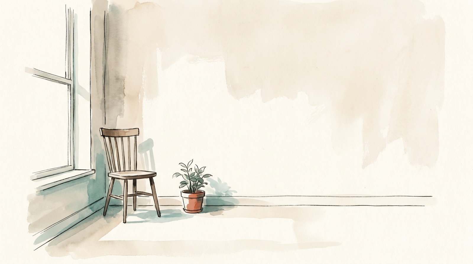 A quiet, light-filled room with a single wooden chair beside a window — an unhurried place to sit down.